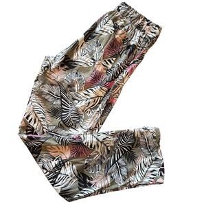 Per Se Tropical Floral Linen Pants Olive Resort Style Drawstring S